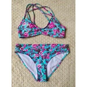 Women’s Antiqua 2pc Bathing Suit Floral Cross back Turquoise Pink Sz 6-8…